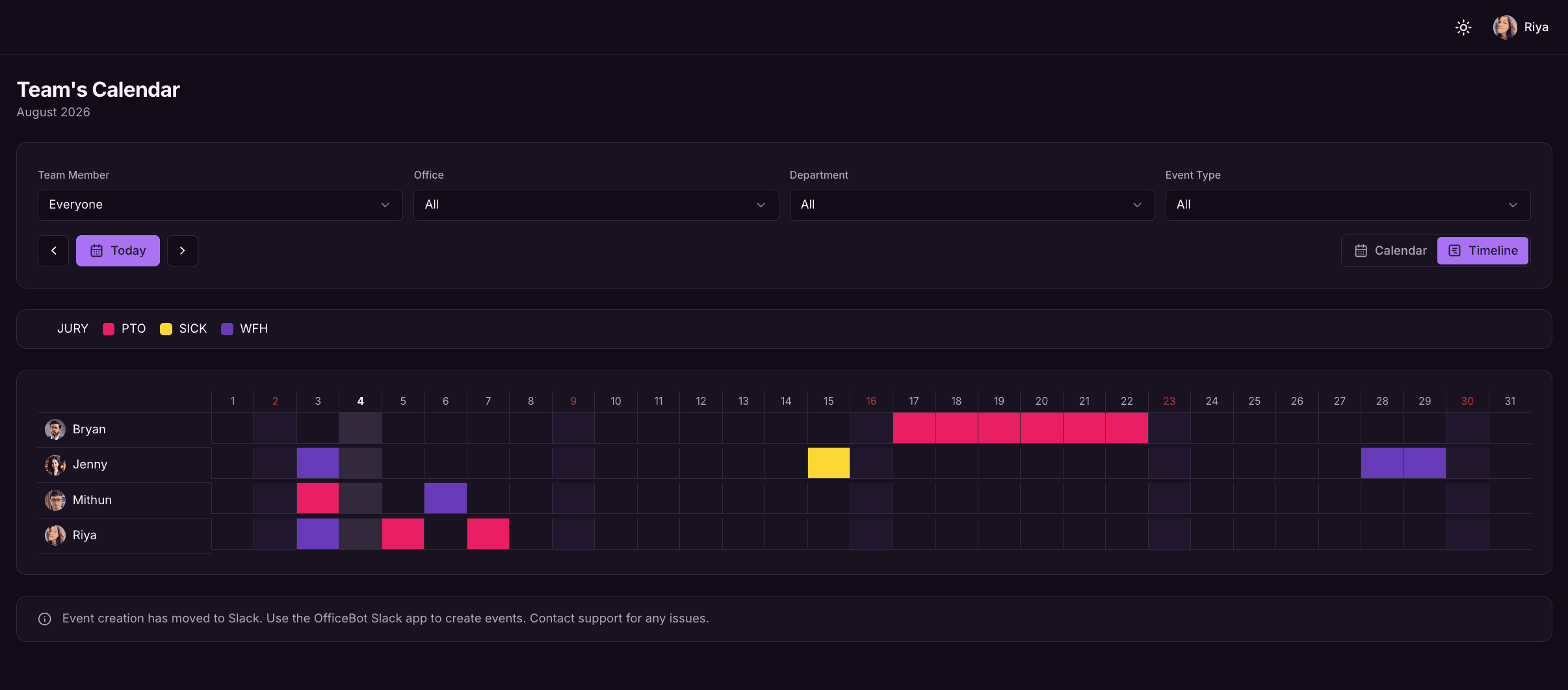 OfficeBot Calendar Screenshot