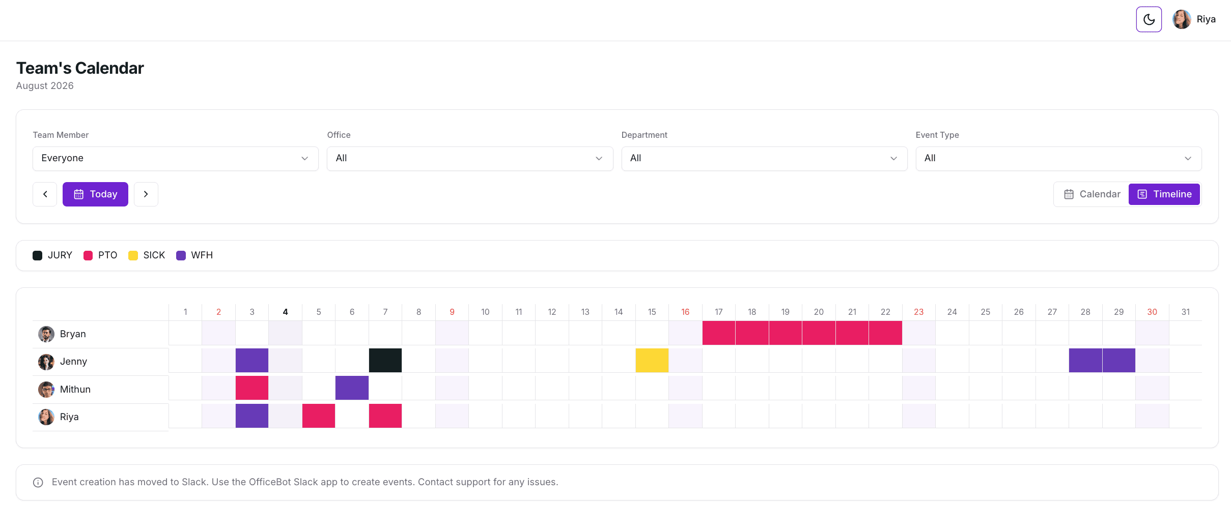 OfficeBot Calendar Screenshot