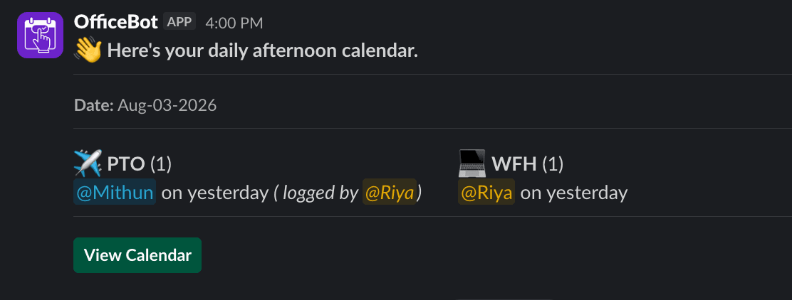 OfficeBot Slack daily update announcement