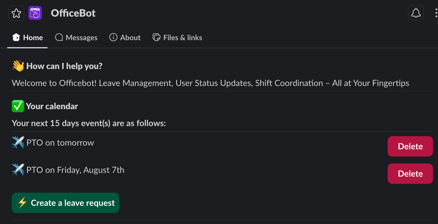 OfficeBot Slack app home calendar