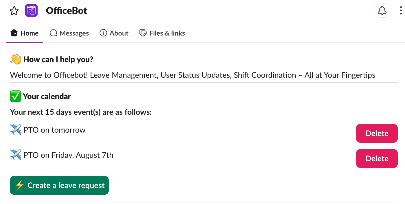 OfficeBot Slack app home calendar